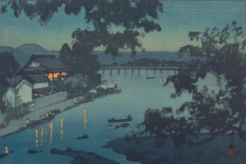 Night bridge and lit house (title not found), Kawase Hasui