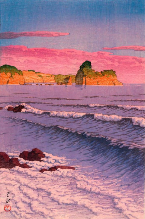Sunset surf on a rocky coast (title not found), Kawase Hasui
