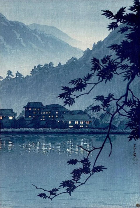 Misty lake through leaves (title not found), Kawase Hasui